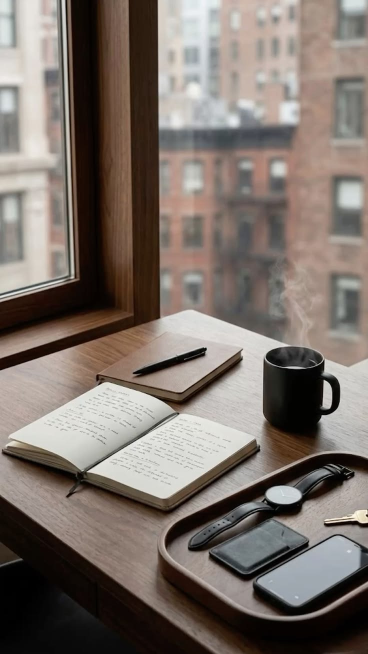 A tidy wooden desk holding an open notebook, a pen, and a warm cup in soft daylight