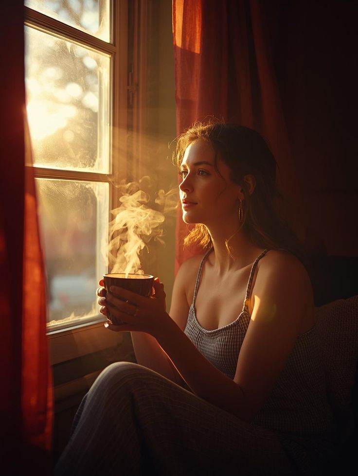 A person sitting quietly by a wide window, looking outward in soft morning light