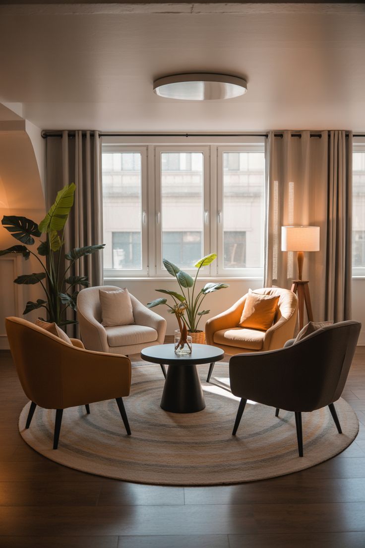A calm meeting corner with two chairs, a low table, and a notebook beside a window